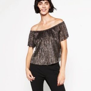 Zara metallic effect off the shoulder gold silver black short sleeve blouse